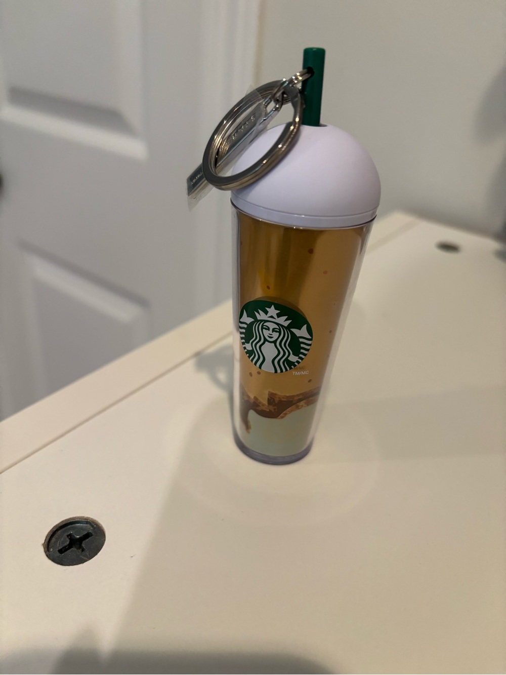 Starbucks Gold Metallic Tumbler Keychain with White Lid and Green Straw